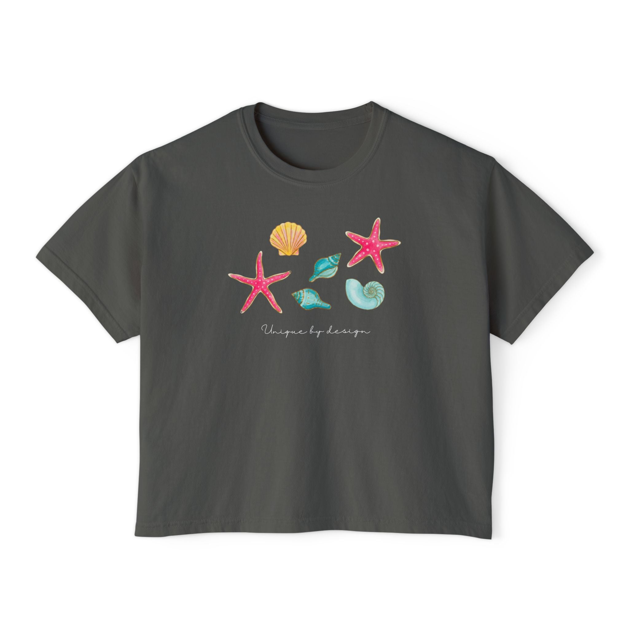 Seashells & Starfish Women's Boxy Tee – Beachy Ocean Shell Graphic Shirt